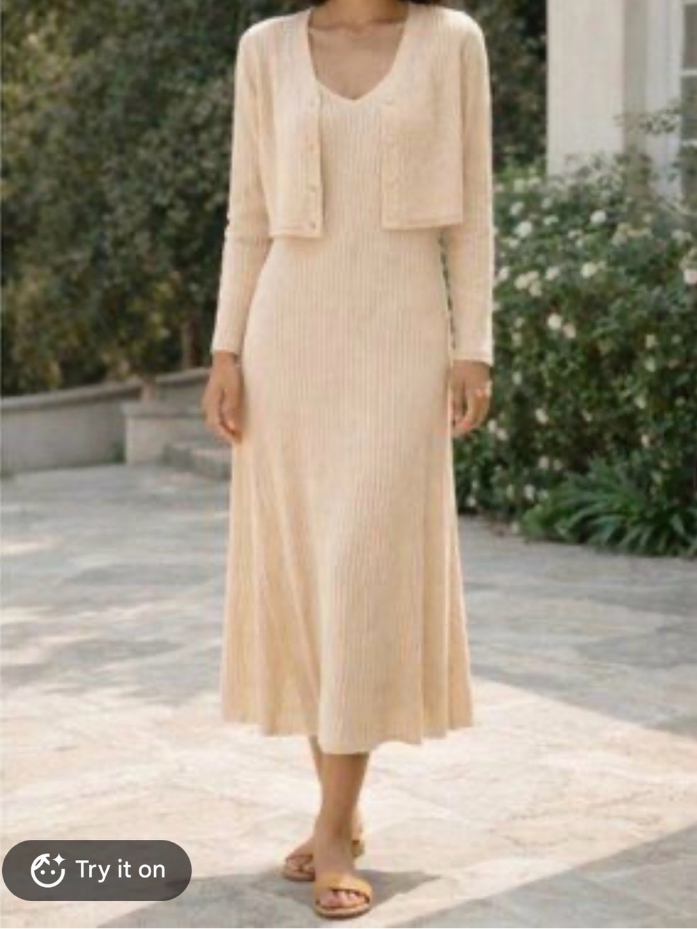 Caroline Constas Cream Ribbed Midi Dress and Cardigan Set